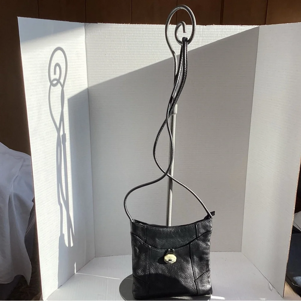 J Jill Black Leather Crossbody with real stone enclosure. JS4
